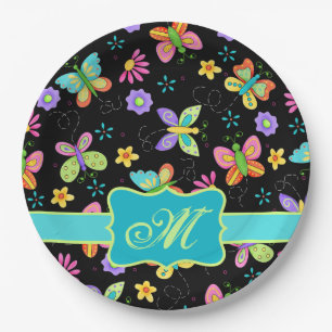 Modern Whimsy Butterflies Black Turquoise Monogram Paper Plates