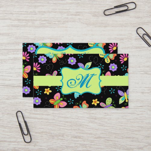 Modern Whimsy Butterflies on Black Monogram Business Card