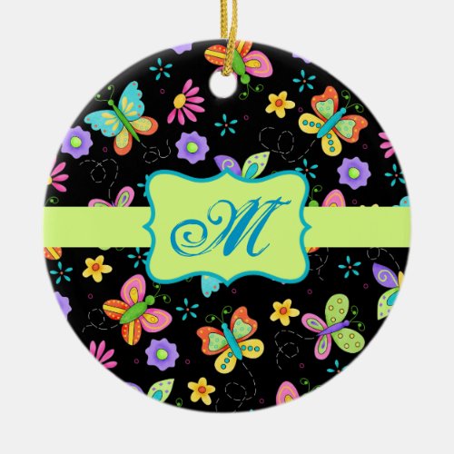 Modern Whimsy Butterflies on Black Monogram Ceramic Ornament