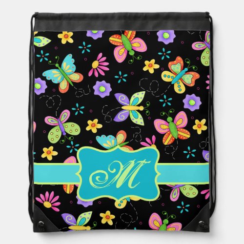 Modern Whimsy Butterflies on Black Monogram Drawstring Bag