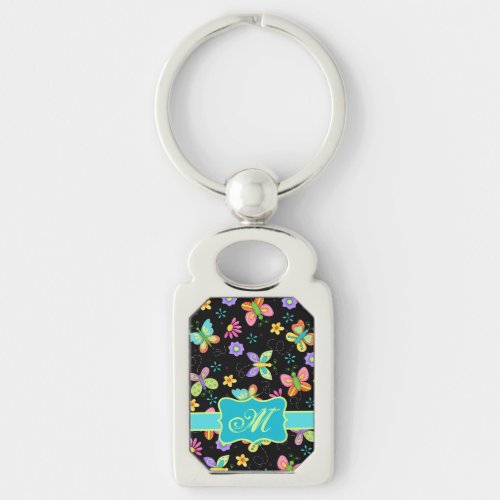 Modern Whimsy Butterflies on Black Monogram Keychain