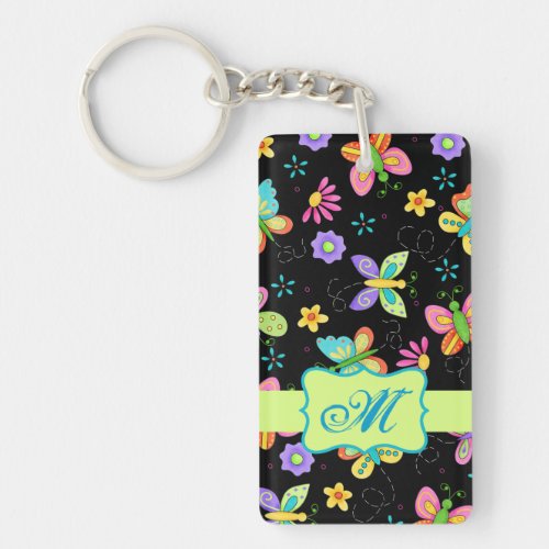 Modern Whimsy Butterflies on Black Monogram Keychain