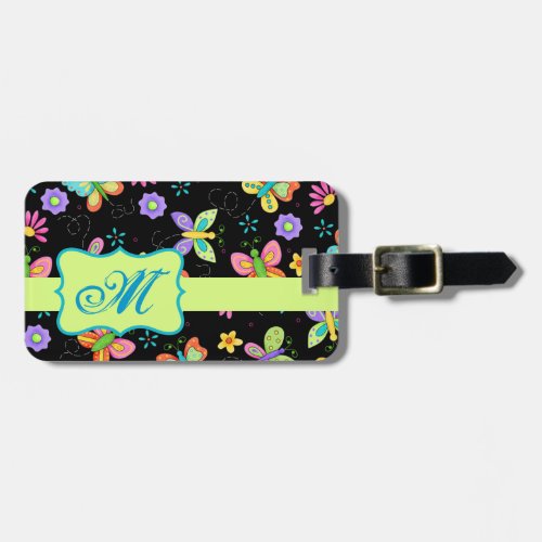 Modern Whimsy Butterflies on Black Monogram Luggage Tag