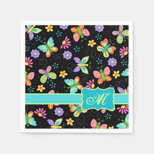 Modern Whimsy Butterflies on Black Monogram Napkins (Front)