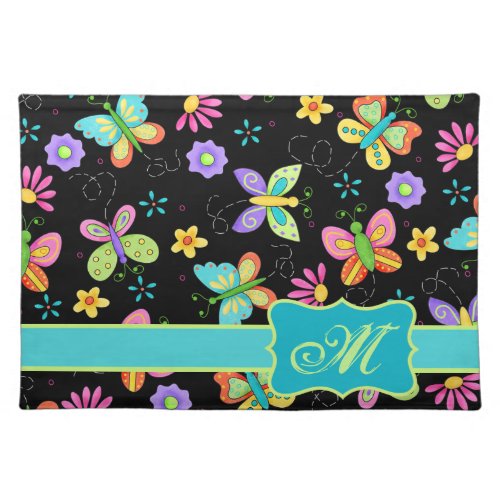 Modern Whimsy Butterflies on Black Monogram Placemat