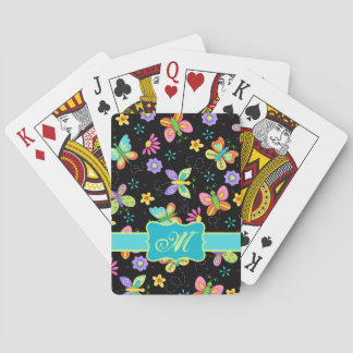 Modern Whimsy Butterflies on Black Monogram Poker Cards