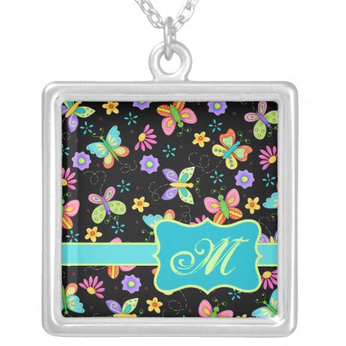Modern Whimsy Butterflies on Black Monogram Silver Plated Necklace