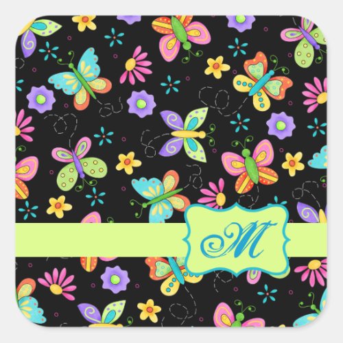 Modern Whimsy Butterflies on Black Monogram Square Sticker