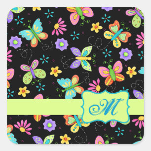 Modern Whimsy Butterflies on Black Monogram Square Sticker