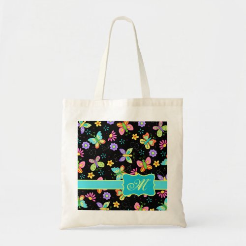 Modern Whimsy Butterflies on Black Monogram Tote Bag