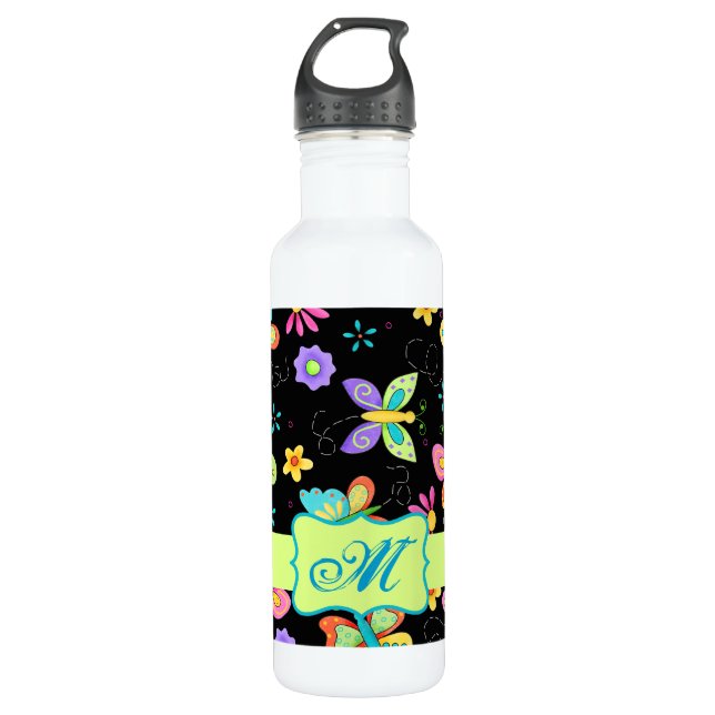 Modern Whimsy Butterflies on Black Monogram Water Bottle (Front)