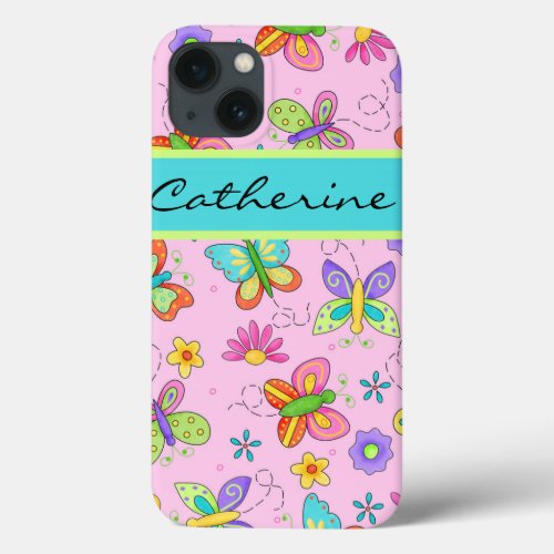 Modern Whimsy Butterflies on Pink Name Personalize iPhone 13 Case
