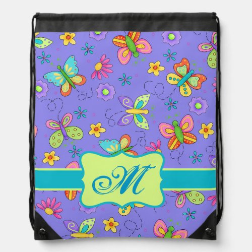 Modern Whimsy Butterflies on Purple  Monogram Drawstring Bag