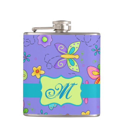 Modern Whimsy Butterflies on Purple  Monogram Hip Flask