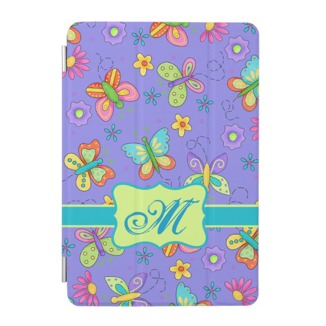 Modern Whimsy Butterflies on Purple  Monogram iPad Mini Cover (Front)
