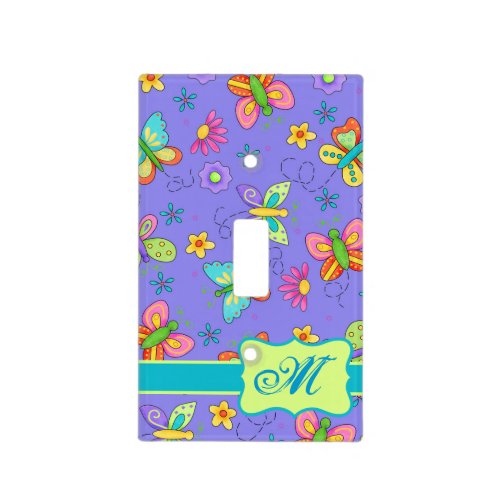 Modern Whimsy Butterflies on Purple  Monogram Light Switch Cover