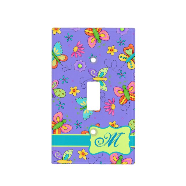 Modern Whimsy Butterflies on Purple  Monogram Light Switch Cover (Front)