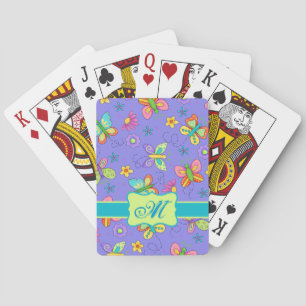 Modern Whimsy Butterflies on Purple Monogram Poker Cards