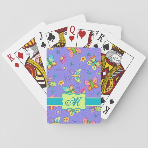 Modern Whimsy Butterflies on Purple  Monogram Poker Cards