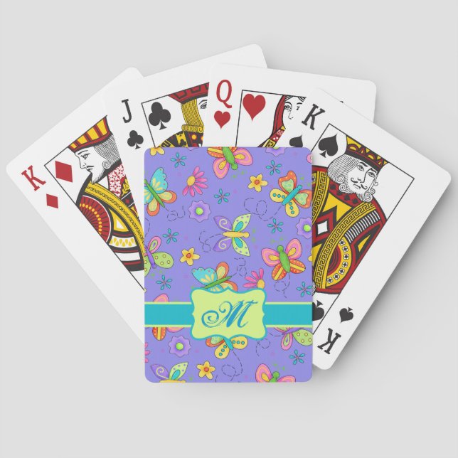 Modern Whimsy Butterflies on Purple  Monogram Poker Cards (Back)