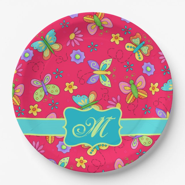 Modern Whimsy Butterflies on Red Monogram Paper Plates (Front)