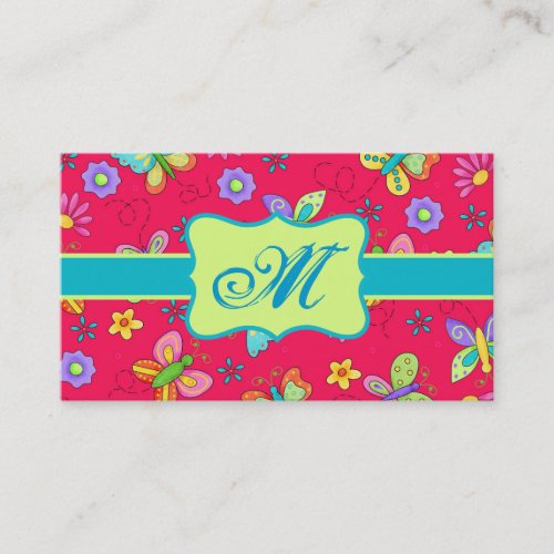 Modern Whimsy Butterflies on Red Monogram Personal Business Card