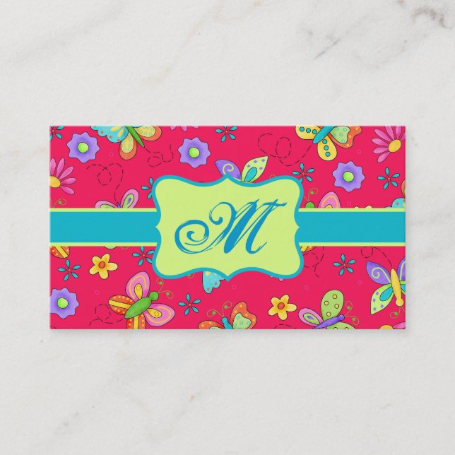 Modern Whimsy Butterflies on Red Monogram Personal Business Card (Front)
