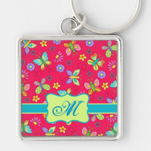 Modern Whimsy Butterflies on Red Monogram Personal Keychain