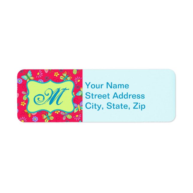 Modern Whimsy Butterflies on Red Monogram Personal Label (Front)