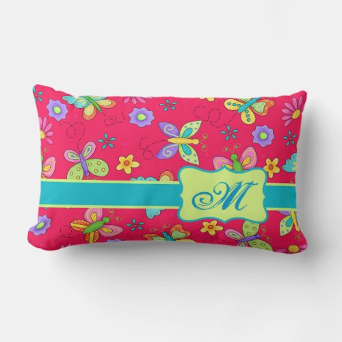 Modern Whimsy Butterflies on Red Monogram Personal Lumbar Pillow