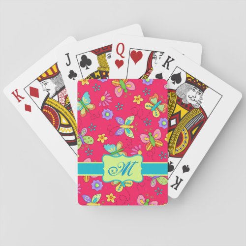 Modern Whimsy Butterflies on Red Monogram Personal Playing Cards
