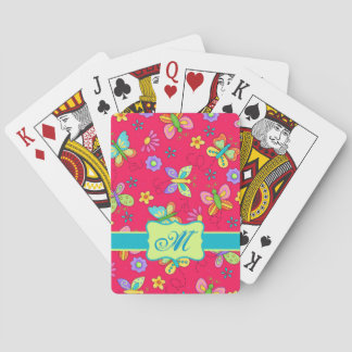 Modern Whimsy Butterflies on Red Monogram Personal Poker Cards