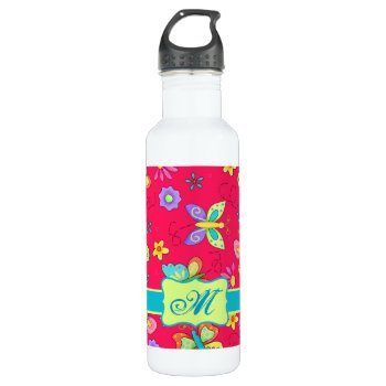 Modern Whimsy Butterflies On Red Monogram Personal Stainless Steel Water Bottle by phyllisdobbs at Zazzle