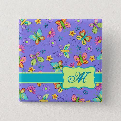 Modern Whimsy Lavender Butterfly Monogram Badge Pinback Button