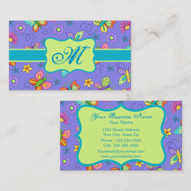 Modern Whimsy Lavender Butterfly Monogram Business Card (Front/Back)