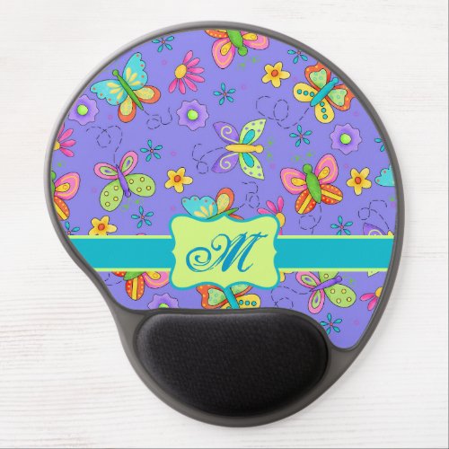 Modern Whimsy Lavender Butterfly Monogram Gel Mouse Pad