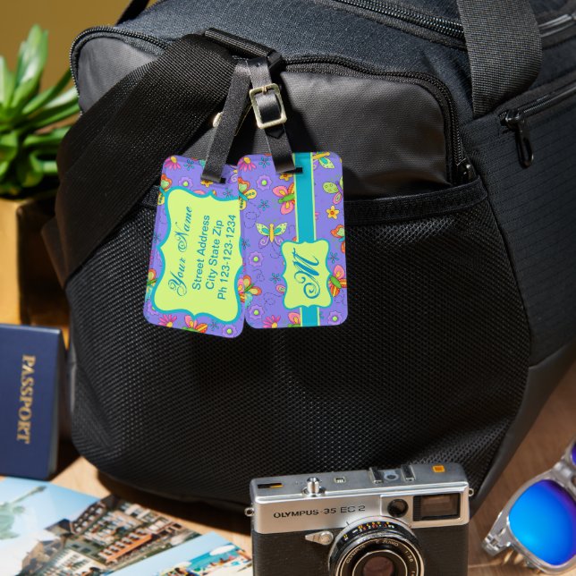 Modern Whimsy Lavender Butterfly Monogram Luggage Tag (Front & Back)