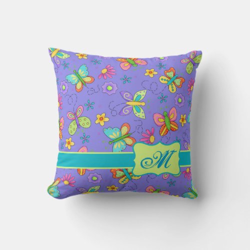 Modern Whimsy Lavender Butterfly Monogram Throw Pillow