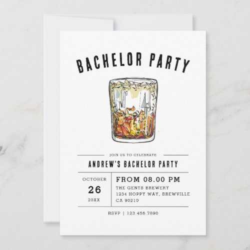 Modern Whiskey Glass Typography Bachelor Party  In Invitation