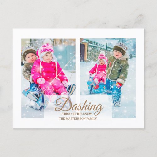 Modern White 2 Photo Christmas Dashing Snow Holiday Postcard