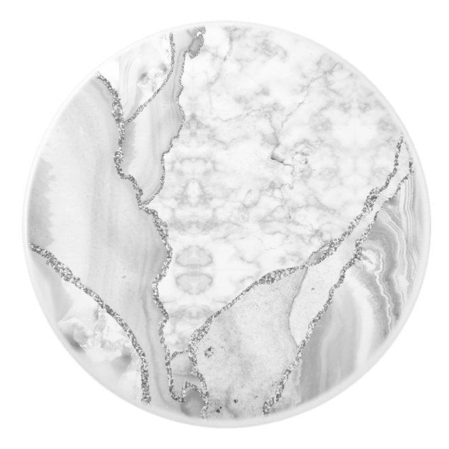 Modern White Agate Silver Abstract Marble Ceramic Knob (Front)