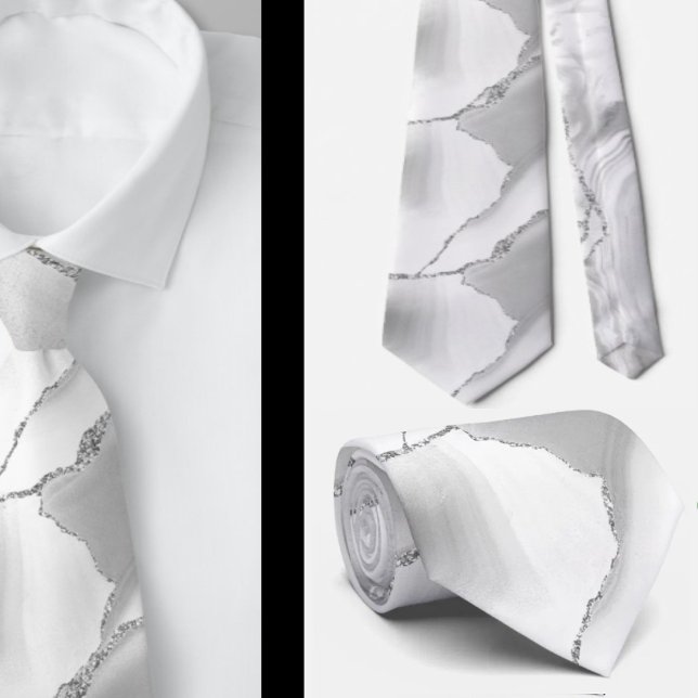 Modern White Agate Silver Abstract Marble Neck Tie (Creator Uploaded)