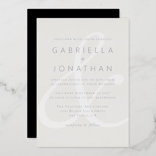 Modern White Ampersand Monochrome Wedding Silver F Foil Invitation