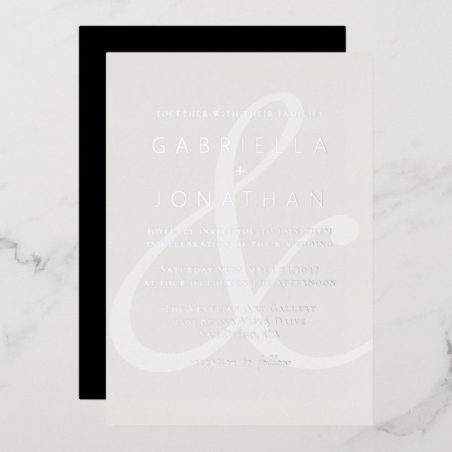 Modern White Ampersand Monochrome Wedding Silver F Foil Invitation (Front/Back)