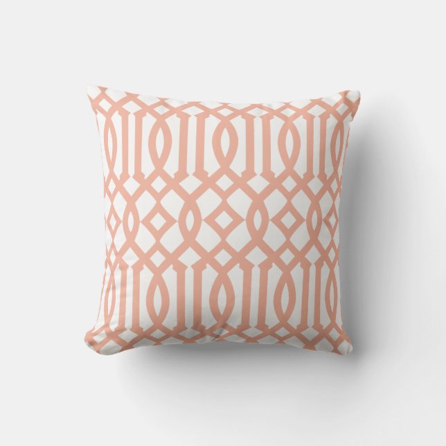 Modern White and Apricot Orange Trellis Pattern Outdoor Pillow (Front)