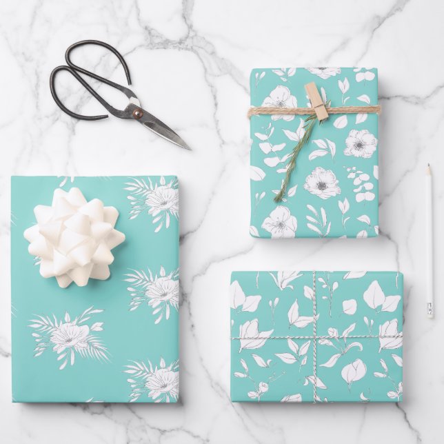 Modern White and Aqua Flowers and Leaves Wrapping Paper Sheets (Front)
