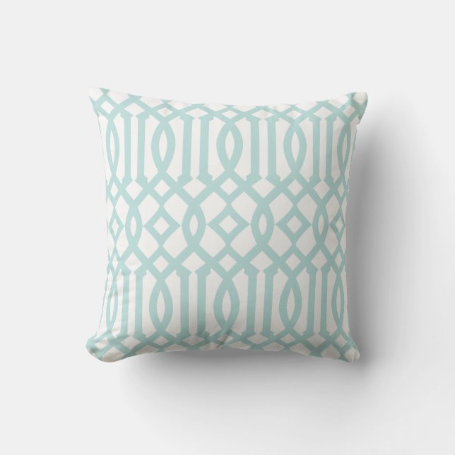 Modern White and Aqua Trellis Pattern Outdoor Pillow (Front)
