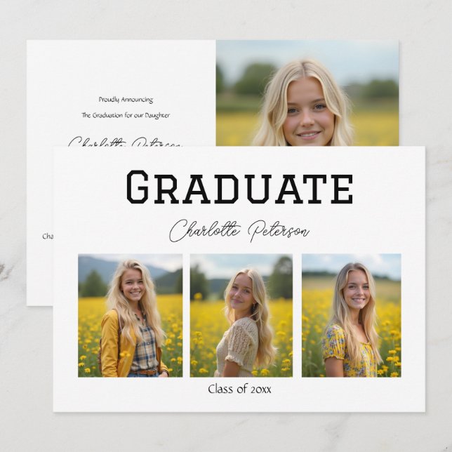 Modern White and Black Photo Grad Announcement (Front/Back)