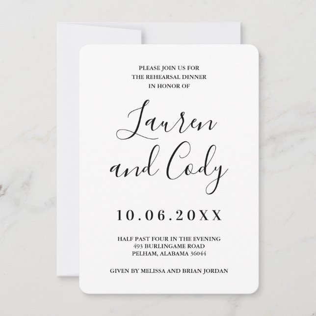 Modern White and Black Rehearsal Dinner Invitation (Front)