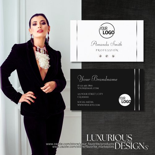 Modern White and Black Shimmery Diamonds add Logo Business Card